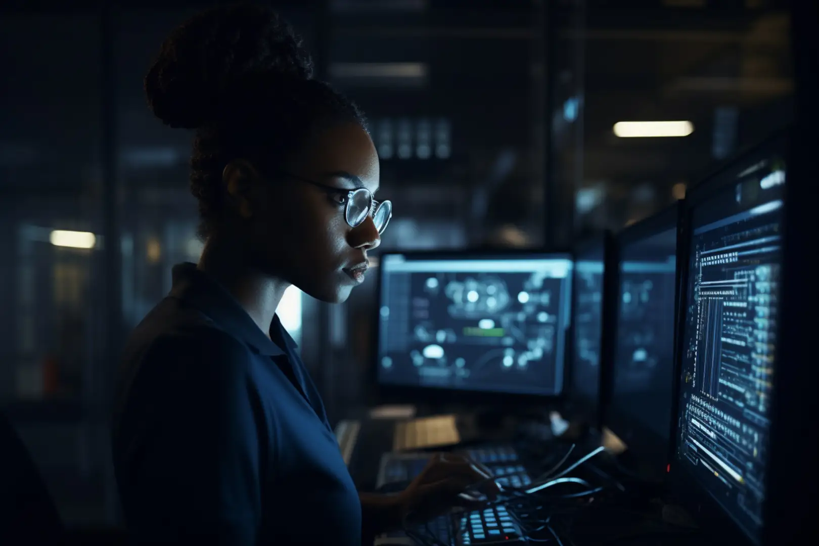 woman looking at monitor in a darkened room