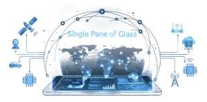 A graphic titled Single Pain of Glass featuring outlined continents with various bright blue flares hovering over a tablet and surrounded by various industries .