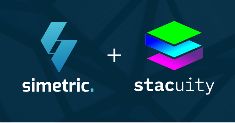 Logos of Simetric and stacuity side by side on a black background