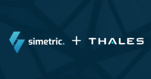 Simetric logo and THALES logo side by side on a black background
