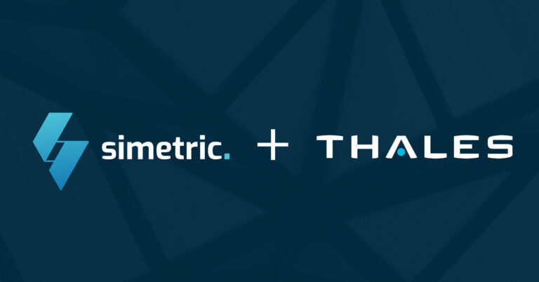 Simetric logo and THALES logo side by side on a black background