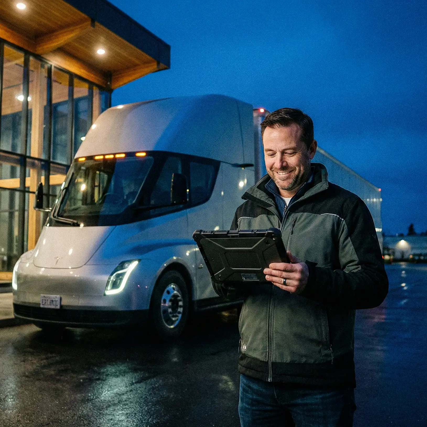 Smiling man looking at a tablet at night in front of a big rig
