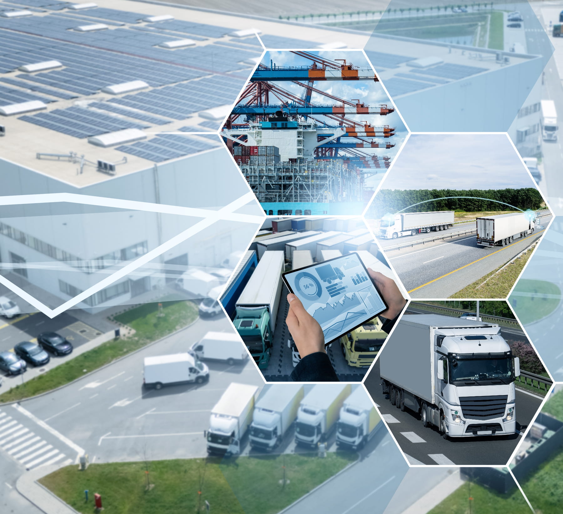 Image of a warehouse with several 18-wheelers under a graphic of someone holding a tablet, a shipyard, and trucks omn the road to help illustrate enterprise IoT logisitics operations.