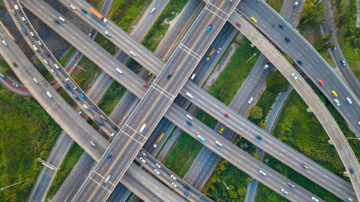 Aerial view city transport junction road with car truck vehicle transport for public sector