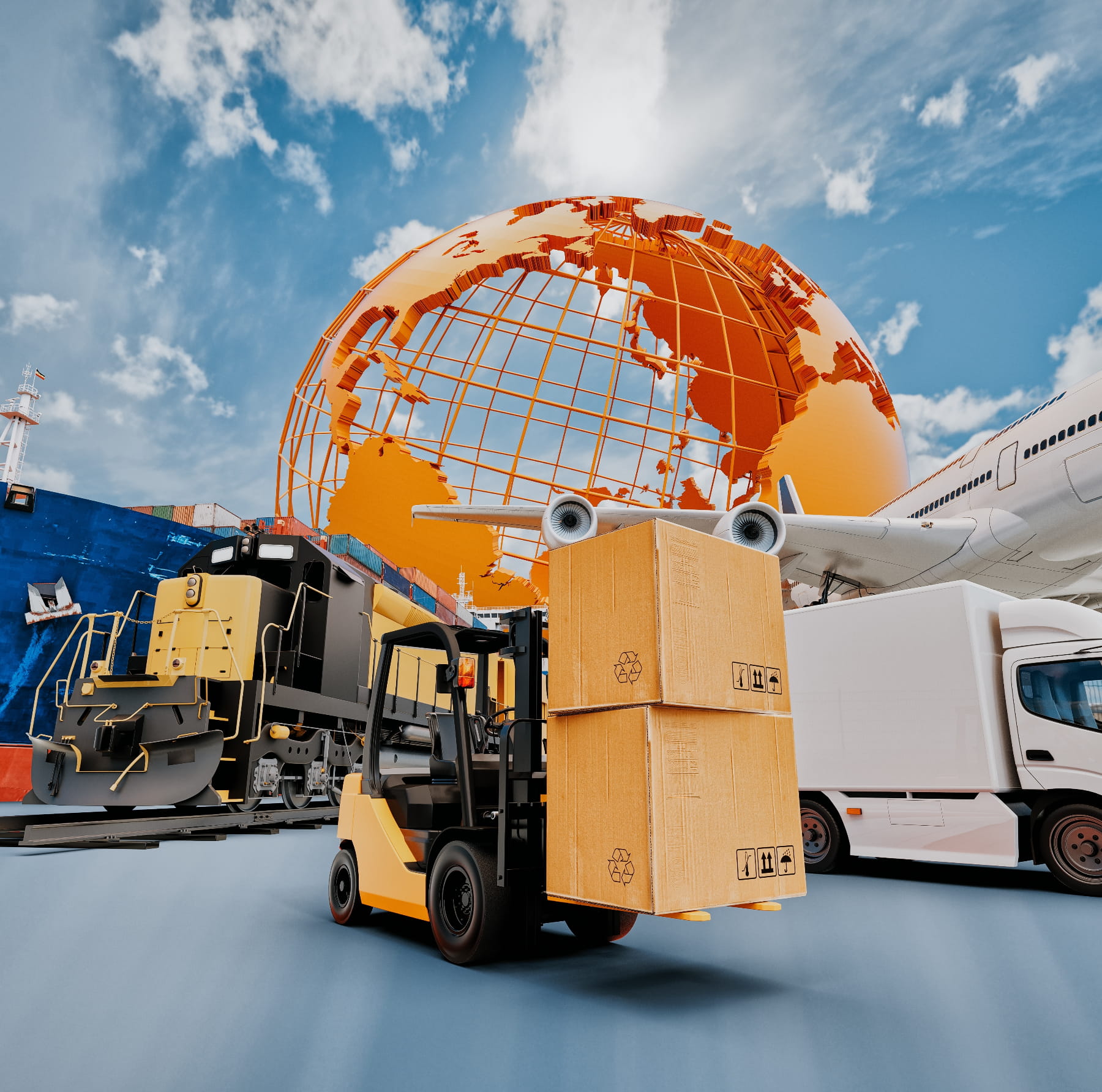 3-D rendering of containers, airplanes, cargo ship, freight train and a truck to help illustrate enterprise IoT logistics operations