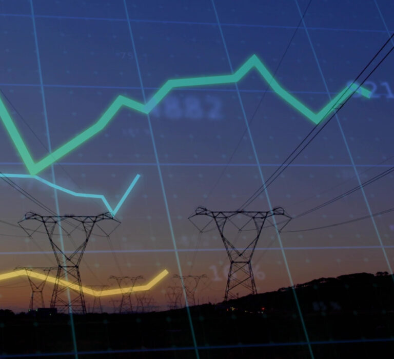 Displaying dark high-voltage towers and power lines at dusk over rural horizon, with data overlay to show IoT connectivity utilities and energy