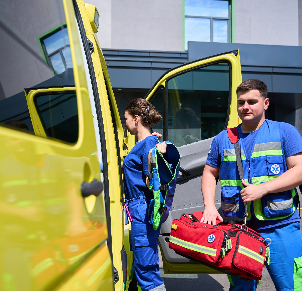 Two emergency responders heading to provide medical assistance to illustrate first responder operations