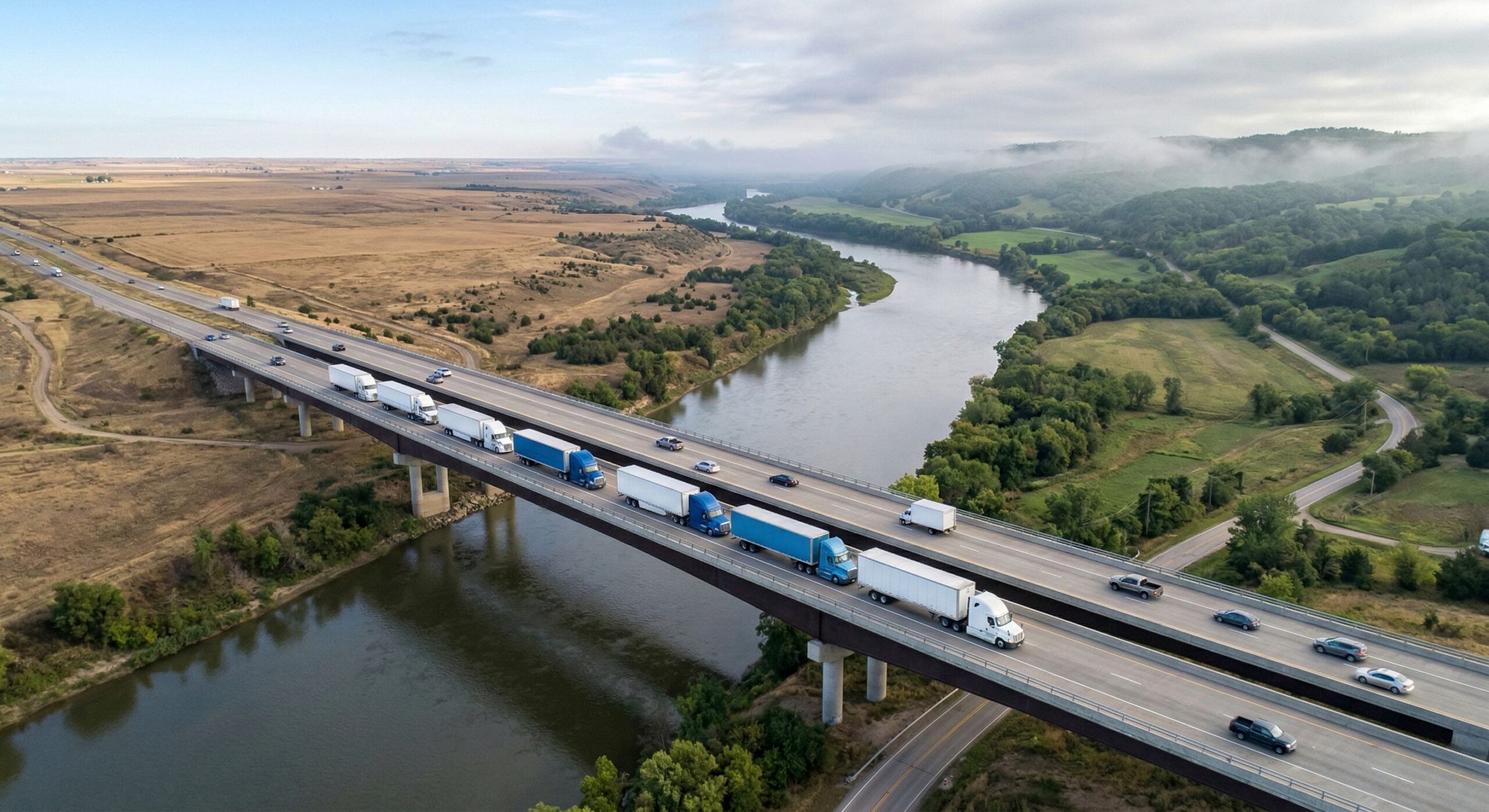 Logistics fleet crossing a bridge