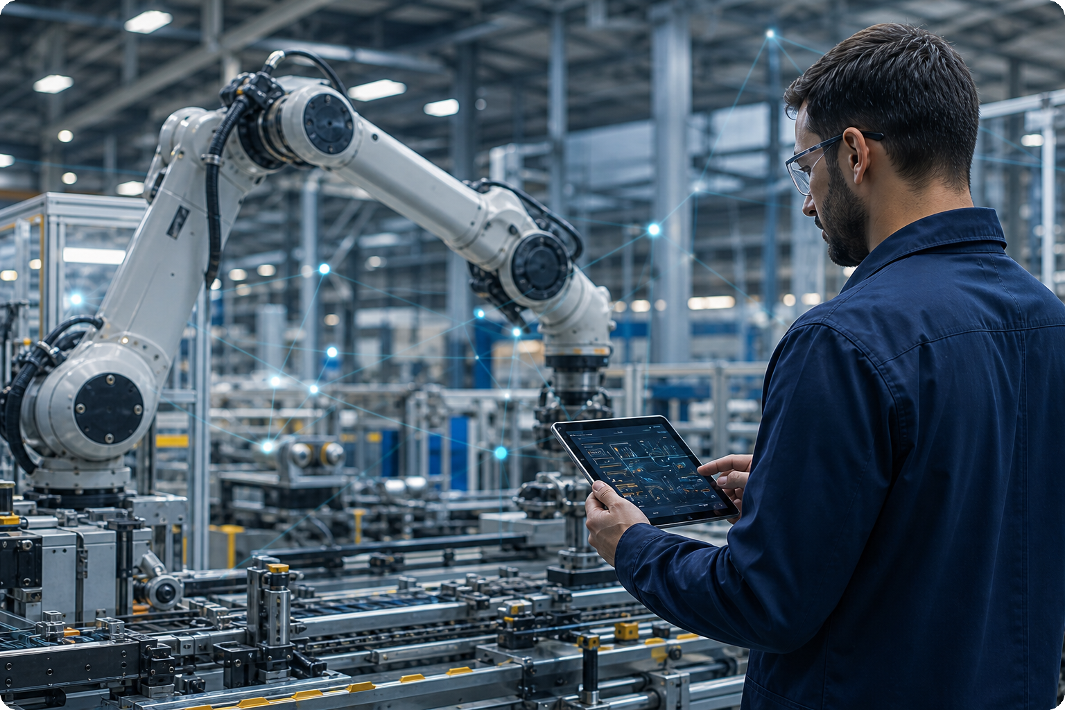 Engineer reviewing a predictive maintenance dashboard on a tablet next to a connected robotic arm on a factory floor